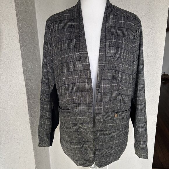 Zoey Houndstooth Viscose Blend Blazer Vegan Suede Partial Sleeve Size Large - Picture 2 of 9